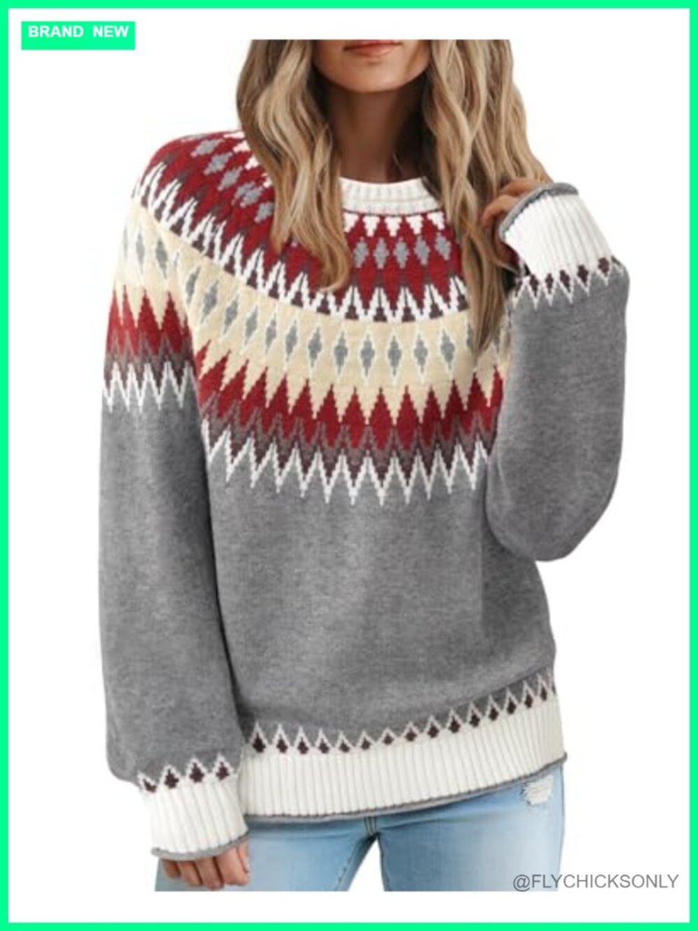 Fair Isle Sweater Women Vintage Color Block Cozy Knit Pullover Long Sleeve